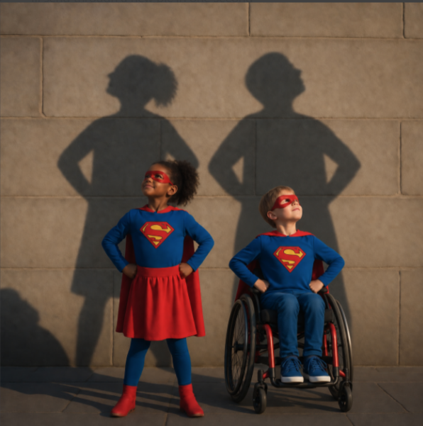 Two children dressed as superheroes, one using a wheelchair, with superhero shadows