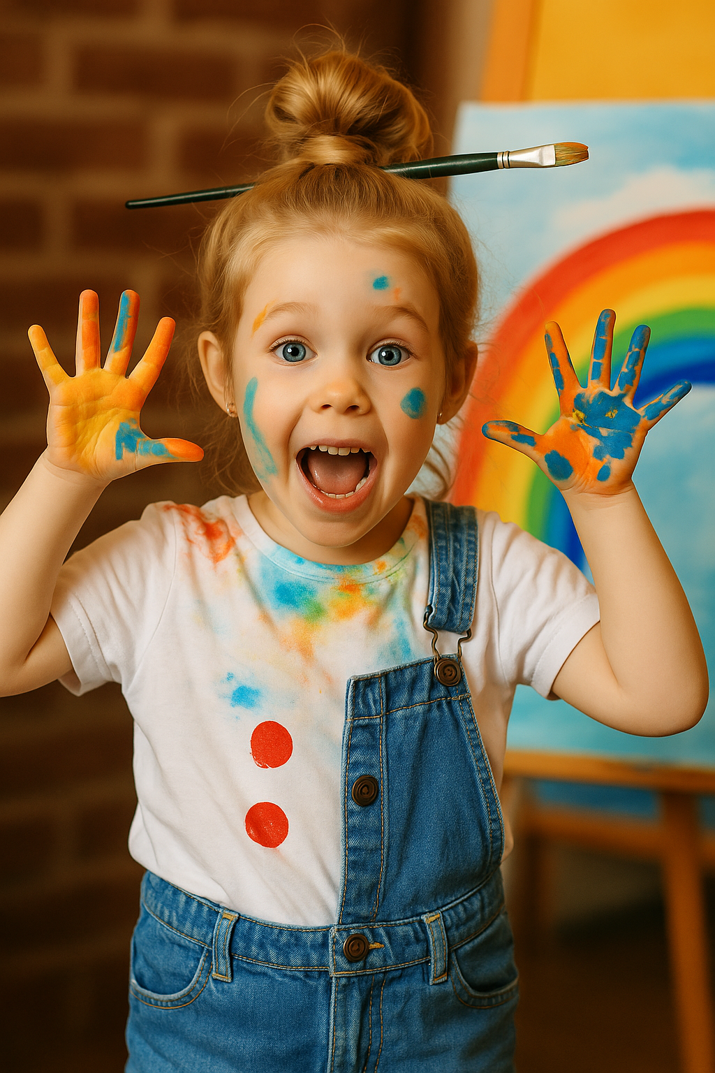 A child joyfully painting with colourful hands