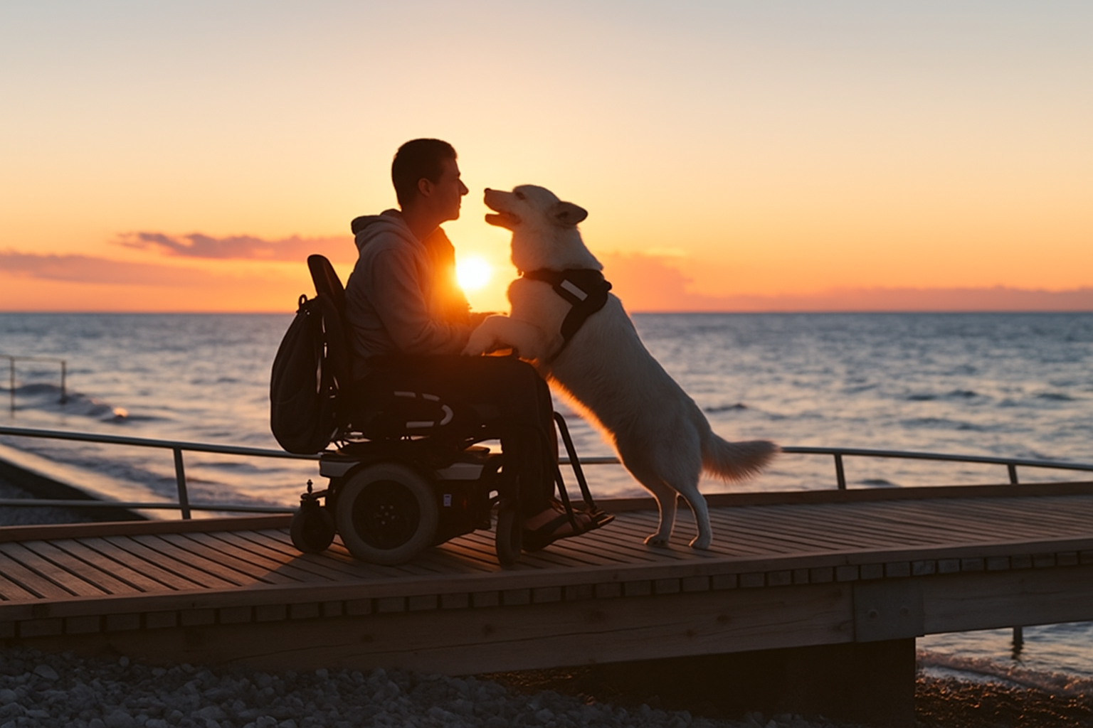 A wheelchair user sharing a joyful moment with their assistance dog at sunset